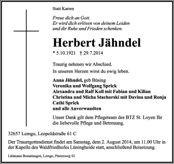 Anzeige  Herbert Jähndel  Lippische Landes-Zeitung