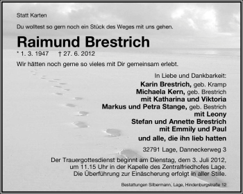 Anzeige  Raimund Brestrich  Lippische Landes-Zeitung