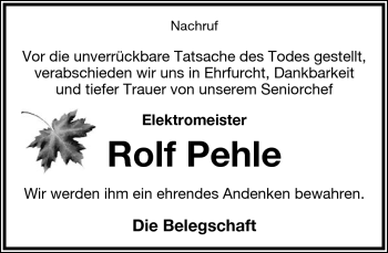 Anzeige  Rolf Pehle  Lippische Landes-Zeitung
