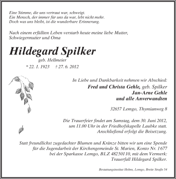 Anzeige  Hildegard Spilker  Lippische Landes-Zeitung