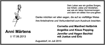 Anzeige  Anni Märtens  Lippische Landes-Zeitung