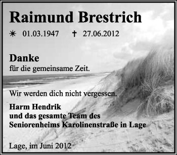 Anzeige  Raimund Brestrich  Lippische Landes-Zeitung