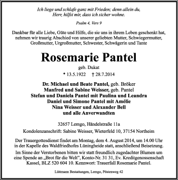 Anzeige  Rosemarie Pantel  Lippische Landes-Zeitung