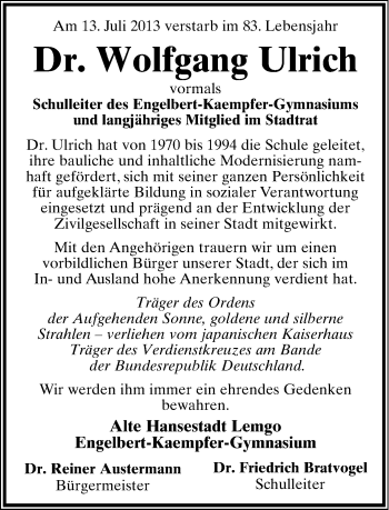 Anzeige  Wolfgang Ulrich  Lippische Landes-Zeitung