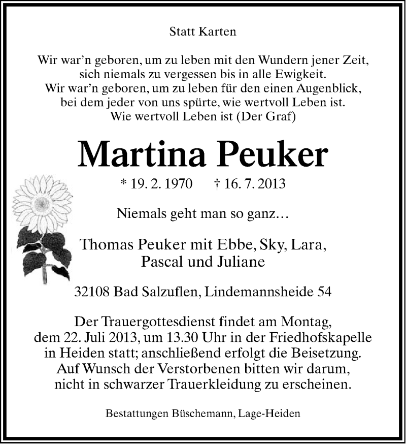  Traueranzeige für Martina Peuker vom 19.07.2013 aus Lippische Landes-Zeitung