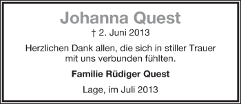 Anzeige  Johanna Quest  Lippische Landes-Zeitung