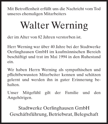 Anzeige  Walter Werning  Lippische Landes-Zeitung