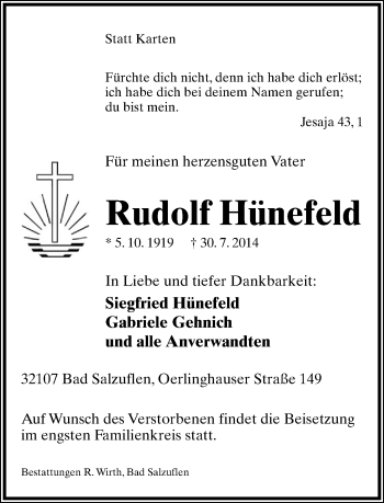Anzeige  Rudolf Hünefeld  Lippische Landes-Zeitung
