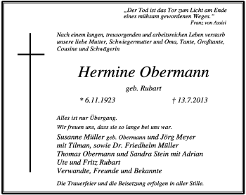 Anzeige  Hermine Obermann  Lippische Landes-Zeitung