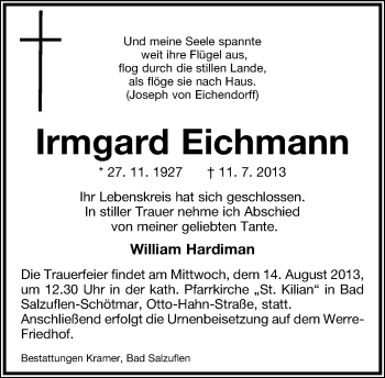 Anzeige  Irmgard Eichmann  Lippische Landes-Zeitung