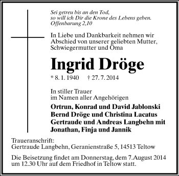 Anzeige  Ingrid Dröge  Lippische Landes-Zeitung