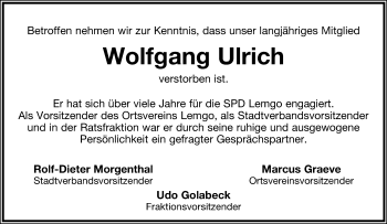 Anzeige  Wolfgang Ulrich  Lippische Landes-Zeitung