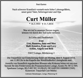 Anzeige  Curt Müller  Lippische Landes-Zeitung