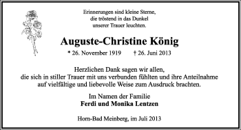 Anzeige  Auguste-Christine König  Lippische Landes-Zeitung