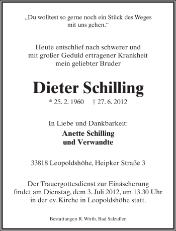 Anzeige  Dieter Schilling  Lippische Landes-Zeitung