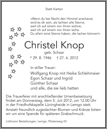 Anzeige  Christel Knop  Lippische Landes-Zeitung