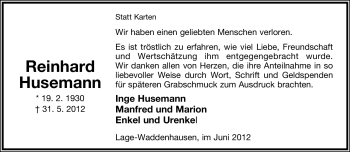 Anzeige  Reinhard Husemann  Lippische Landes-Zeitung