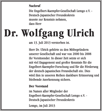 Anzeige  Wolfgang Ulrich  Lippische Landes-Zeitung