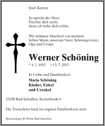 Anzeige  Werner Schöning  Lippische Landes-Zeitung