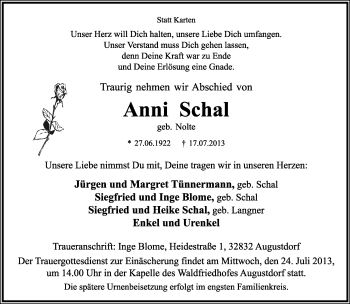 Anzeige  Anni Schal  Lippische Landes-Zeitung