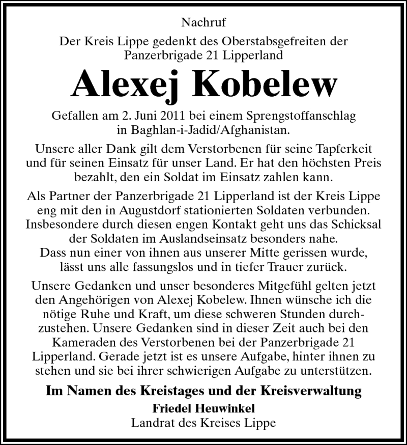  Traueranzeige für Alexej Kobelew vom 11.06.2011 aus Lippische Landes-Zeitung