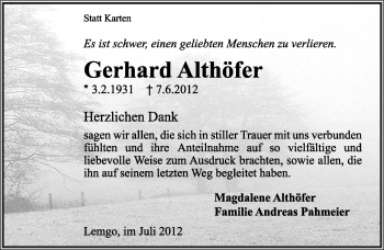 Anzeige  Gerhard Althöfer  Lippische Landes-Zeitung