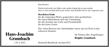 Anzeige  Hans-Joachim Grumbach  Lippische Landes-Zeitung