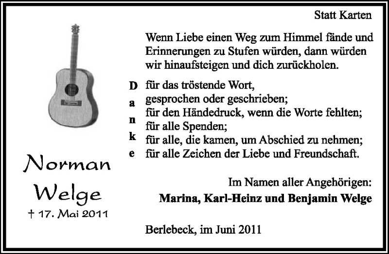  Traueranzeige für Norman Welge vom 11.06.2011 aus Lippische Landes-Zeitung