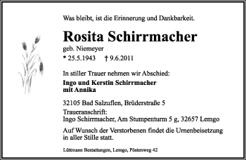 Anzeige  Rosita Schirrmacher  Lippische Landes-Zeitung