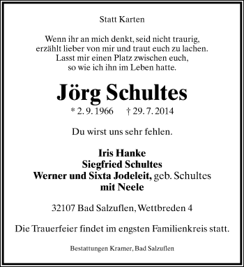 Anzeige  Jörg Schultes  Lippische Landes-Zeitung