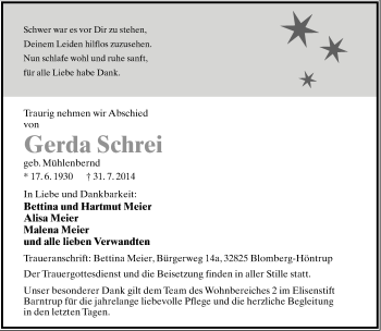 Anzeige  Gerda Schrei  Lippische Landes-Zeitung