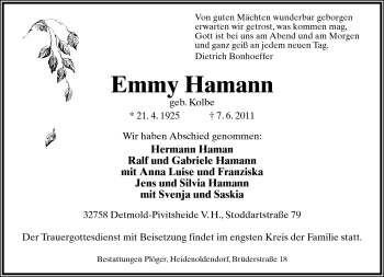 Anzeige  Emmy Hamann  Lippische Landes-Zeitung
