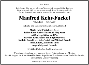 Anzeige  Manfred Kehr-Fuckel  Lippische Landes-Zeitung