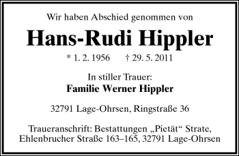 Anzeige  Hans-Rudi Hippler  Lippische Landes-Zeitung