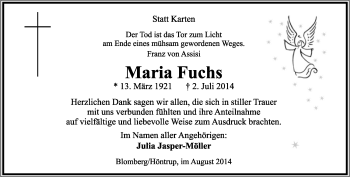Anzeige  Maria Fuchs  Lippische Landes-Zeitung