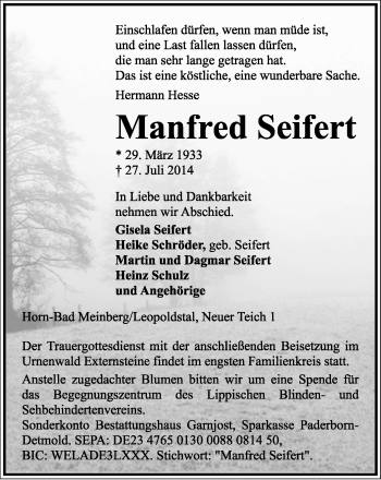 Anzeige  Manfred Seifert   Lippische Landes-Zeitung
