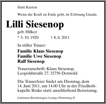 Anzeige  Lilli Siesenop  Lippische Landes-Zeitung