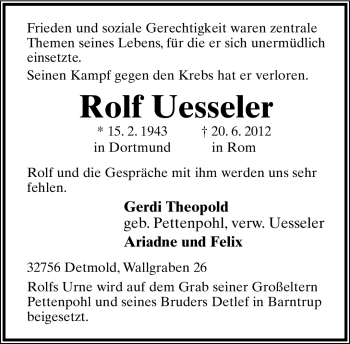 Anzeige  Rolf Uesseler  Lippische Landes-Zeitung