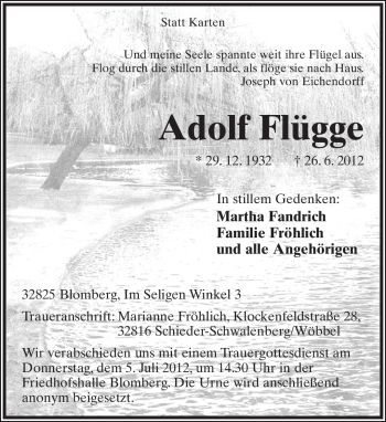 Anzeige  Adolf Flügge  Lippische Landes-Zeitung