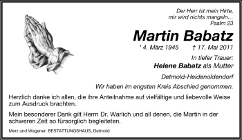 Anzeige  Martin Babatz  Lippische Landes-Zeitung