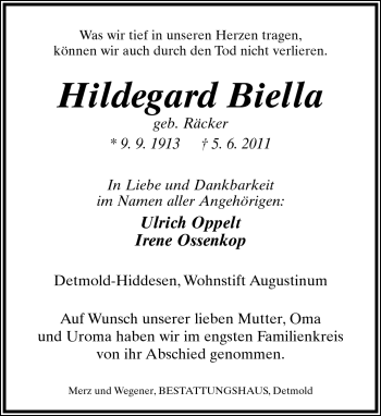 Anzeige  Hildegard Biella  Lippische Landes-Zeitung