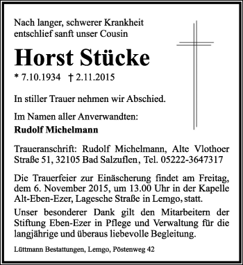 Anzeige  Horst Stücke  Lippische Landes-Zeitung
