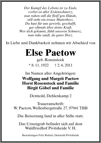 Anzeige  Else Paetow  Lippische Landes-Zeitung