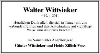 Anzeige  Walter Wittsieker  Lippische Landes-Zeitung
