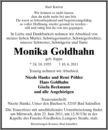 Anzeige  Monika Goldhahn  Lippische Landes-Zeitung