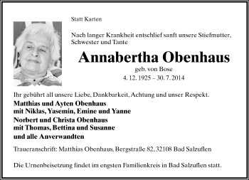 Anzeige  Annaberta  Obenhausen  Lippische Landes-Zeitung