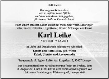Anzeige  Karl Leike  Lippische Landes-Zeitung