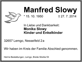 Anzeige  Manfred Slowy  Lippische Landes-Zeitung