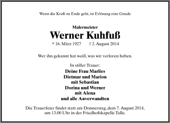Anzeige  Werner Kuhfuß  Lippische Landes-Zeitung