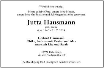 Anzeige  Jutta Hausmann  Lippische Landes-Zeitung